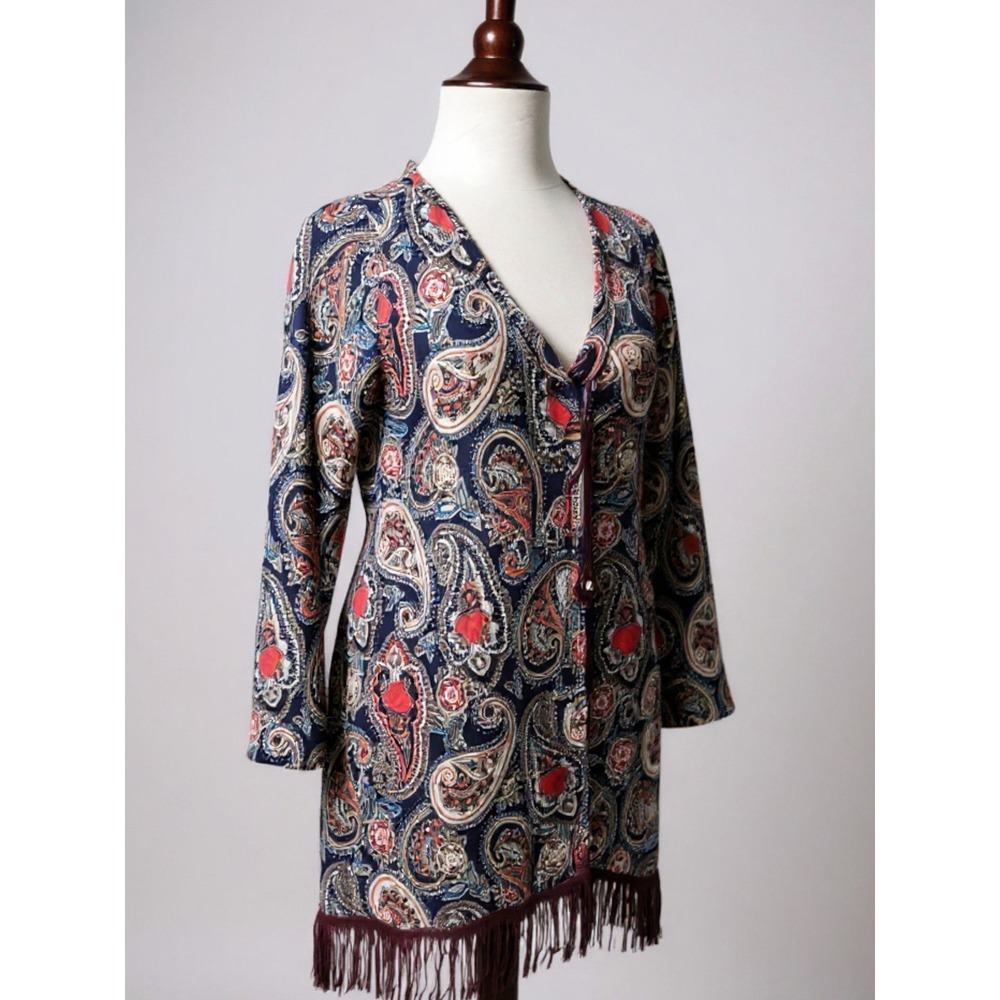 Honeyme Paisley Print Long Sleeve Tunic Top Fringed Hem Lace Up Neck size S‎ - Picture 6 of 7